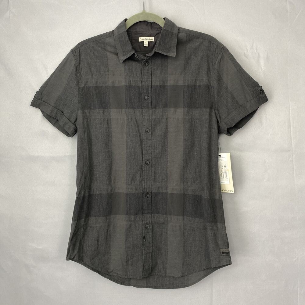 NWT Calvin Klein Shirt Mens S Gray SS Button Up Casual Check Print Tab Sleeve